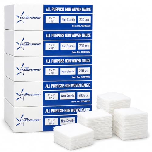 1000 PC (5 PKS) 2X2 Non-Woven 4-Ply Dental Medical Gauze Pad Non-Sterile All Purpose Gauze Sponges 4-Ply Cotton Filled Sponges Provide Maximum Absorption
