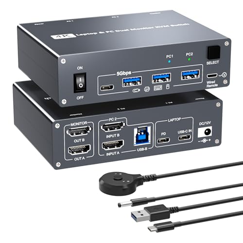 Image of 4K USB Type-C Docking KVM Switch Laptop& Desktop 2 Monitors 2 Computers USB-C & Dual HDMI 4K@60Hz Dual Monitor KVM Switches for MAC & PC, PD 100W Charging, with Type-C 3.1 Gen 2 Cable & Wired Remote