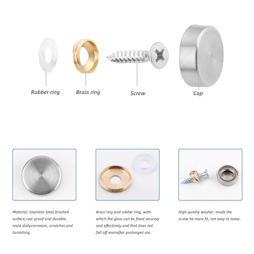 20 Stück Zierschrauben 16mm Silber Spiegelschrauben Edelstahl Polierte Schrauben mit Dekorative Kappen und Unterlegscheiben für Möbel Kleiderschränke Teetischen Spiegel Dekoration Werbeschilder