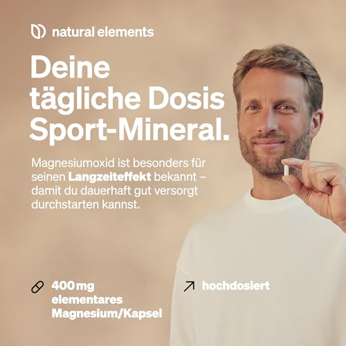natural elements Magnesium - 365 Kapseln (Jahresvorrat) - 667mg, davon 400mg elementares Magnesium pro Kapsel - Laborgeprüft, hochdosiert, vegan