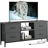 YaFiti TV Stand Dresser for Bedroom, Entertainment Center with Power Outlet for 50' TV, Dressers with 4 Fabric Drawers & Open Shelves for Living Room, Bedroom, Entryway, Grey