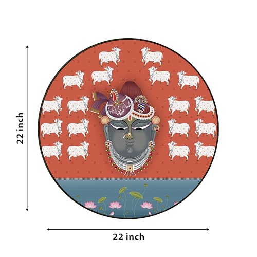 Image of PAINTINGMANTRA Lord Shrinathji Pichwai Art Round Large Wall Art Painting for Living Room Decoration, Circular Gold Metal Finish Stylish Large Wall Art Print for Wall Decor (22x22 Inches)