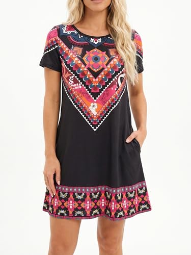 Image of Heymoments Women's Short Sleeve Crewneck Sundress Summer Casual A-Line Beach Dress with Pockets S-2XL