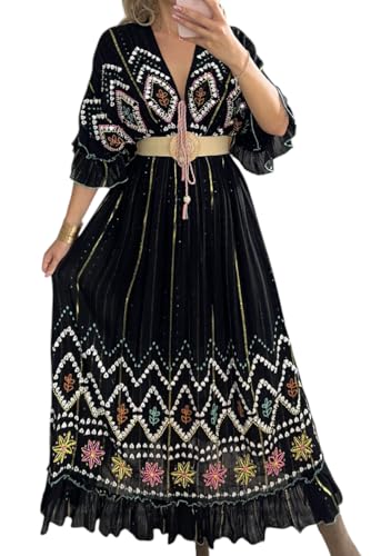 Vestido largo bohemio para mujer, color negro con bordado floral, cuello en V, mangas 3/4 con volantes, cintura imperio con cinturón, vestido vintage., Negro -, S