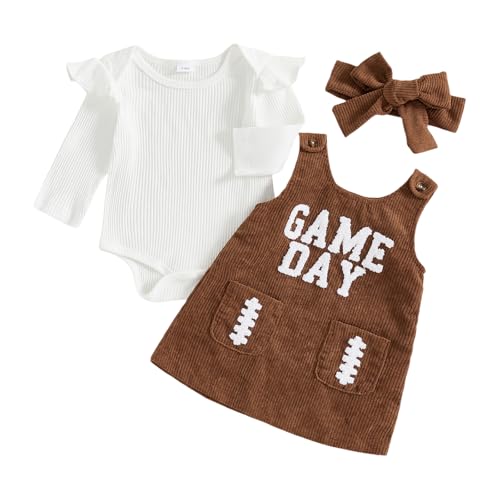 Baby Girl Football Outfit Game Day Long Sleeve Knit Romper Rugby Sleeveless Overall Dress 3Pcs Cute Fall Clothes