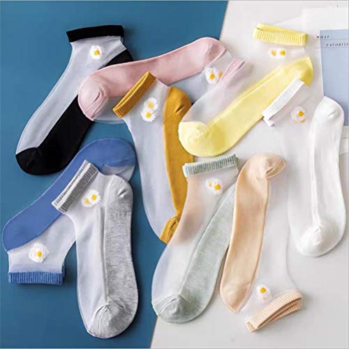 Image of Enfudid 10 Pairs Women Socks Summer Glass Stockings Daisy Translucent Tulle Socks Pearl Mesh Patchwork Socks