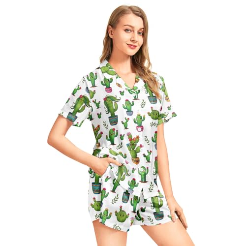 Image of Funny Pajamas for Women Set Print Satin Loungewear Pjs Short Sleeve Button Down Top and Shorts Sets Sleepwear XS-3XL