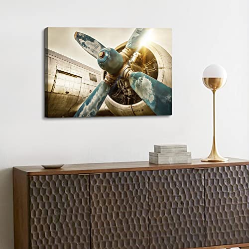 Image of Vintage Airplane Wall Art, Aviation Military Aircraft Propeller Canvas Prints Picture Art Office Wall Decor 16x24 inch, Modern Fighter Jet Engine Painting Artwork for Living Room Bedroom Home Decoration