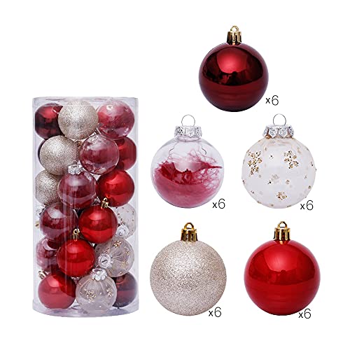 WasonD Juego de 30 adornos de bola de Navidad transparentes de 6 cm, diseño de flores, plumas mezcladas, irrompibles, decoración navideña, decoración de árbol de Navidad, color rojo y dorado Cover