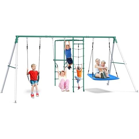 Hapfan Swing Sets for Backyard with Monkey Bars, Belt Swing, Platform Swing, Climbing Net, Trapeze Bar, Outdoor Playset for Kids Cover