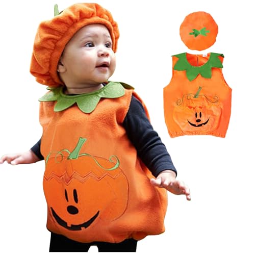 Disfraz Halloween Bebe, Disfraz Calabaza Bebe - Chaleco + Sombrero + Zapatos, Disfraces Halloween Lindos para Niña y Niño, Regalos Traje Calabaza para Recien Nacido de 1-3 Años Ropa sin Manga