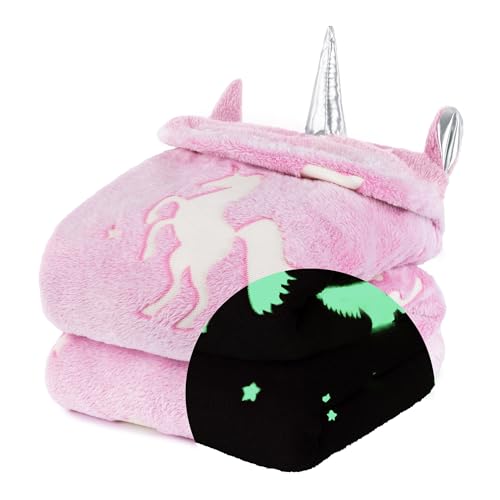 Wicked Gizmos Glow in the Dark Fluffy Throw Over Blanket with Hood in Soft and Plush Faux-Fur Microfibre Fleece Finish for Bed, Sofa or Couch (Pink Unicorn)