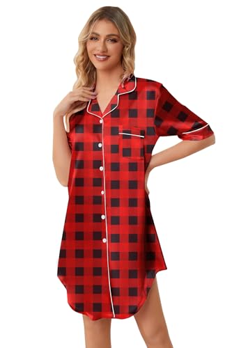 Image of Schbbbta Girls & Women Silk Nightgown, Short Sleeve Button Down Satin Nightshirt Pajama House Dress, 3 Years- Women 2XL