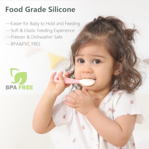 4-Pack Silicone Baby Spoons, Seposeve Soft Gum-Friendly First Feeding Spoons for Babies, Baby Feeding Utensils Essentials, Easy-Grip Handle, BPA Free, Dishwasher Safe, 2 Pink 2 Purple - 2
