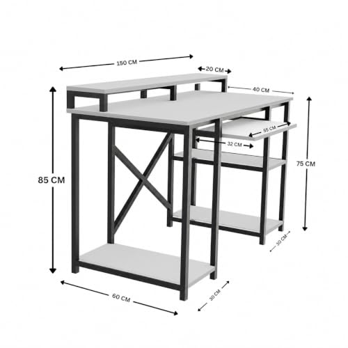 Image of Klaxon Computer Table for Home Office with Keyboard Tray and Monitor Stand, Engineered Wood Study Table and Gaming Desk with Storage Shelves (150 CM - White DIY)
