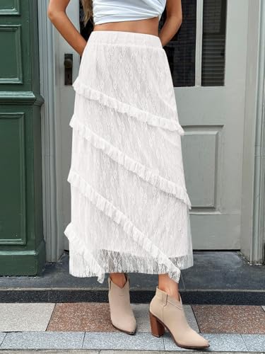 Cicy Bell Womens Lace Ruffle Maxi Skirts Flowy Boho Elastic High Waist Layered Beach Vacation Floral Long Skirts White2