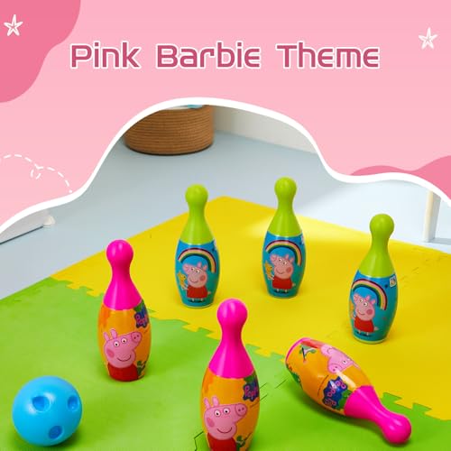 Image of Amazon Brand Jam & Honey Peppa Bowling Set for Kids, BIS Safe for Kids, Indoor Outdoor Bowling Game with 6 Colorful Pins and Ball, Skill Building Toy for Kids Age 3+ Years