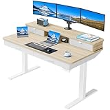 HUANUO 55 x 30 inch Electric Standing Desk with Wood Drawers, Adjustable Height Sit Stand Home Office Desk with Two Tiers, Ergonomic Adjustable Stand up Desk C-Clamp Monitor Mount Compatible, Natural