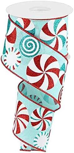 Peppermints on Canvas Wired Edge Ribbon - 10 Yards (Ice Blue, White, Turquoise, Red, 2.5 Inch)