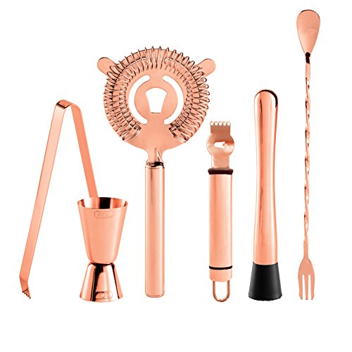 Oggi 6 Piece Stainless Steel Bartender Accessories Set-Includes Stir-Stick, Muddler, Peeler, Double Jigger, Ice Strainer and Tongs, Copper