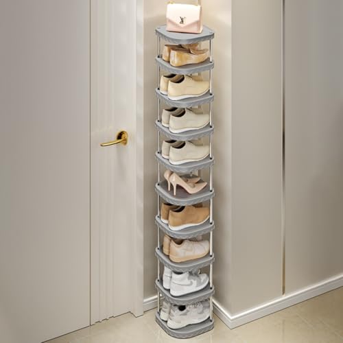 Multibao 10 Tier Universal Shoe Rack Shoe Shelf Hoder Tall Stand Organizer Quick Assembly Vertical Storage Narrow Slim Shoe Rack for Closet Entryway Garage Bedroom (10 Tiers Grey)