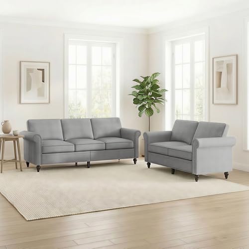 Image of ijuicy 2-Piece Sectional Sofa Set, Modern Linen Couch Set (Light Gray) | with 5 inch Thicken Cushion & Nailhead Trim, Living Room Furniture Set-Loveseat and 3 Seat Sofa