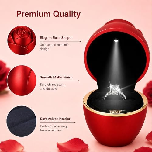 Eveynsh Rose LED Ring Box with Auto Light, Red Ring Case for Proposal - 5