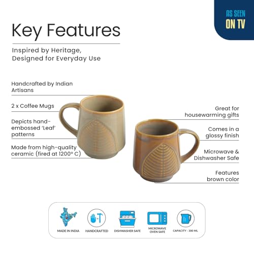 Image of ExclusiveLane 'Leaf & Lines' Ceramic Coffee Mugs Set of 2 (300 ml, in Gift Box, Microwave and Dishwasher Safe, Hand-Embossed) | Ceramic Coffee Mug Coffee Cup Tea Mugs Set Tea Cups Ceramic Mugs