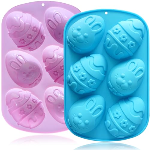 Image of Egg Shape Silicone Molds 3.5 Inch, 2-Pack Chocolate Baking Holiday Easter Mould, Non-Stick BPA Free, Kid-Friendly Soap Mold Rabbit & Floral Designs, Blue & Pink
