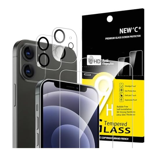 NEW'C [4 Pack 2 x Glass Screen Protector for iPhone 12 Mini and 2 x Rear Camera Screen Protector Ultra Resistant 10H Hardness Glass