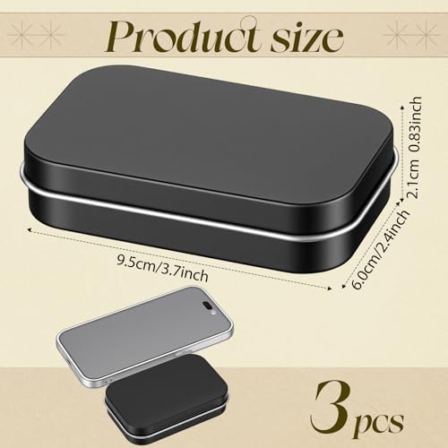Image of Hotop 3 Pack Metal Rectangular Empty Hinged Tins 3.75 x 2.45 x 0.8 Inch Box Containers with Lids Mini Portable Box Small Storage Kit, Home Organizer (Black)