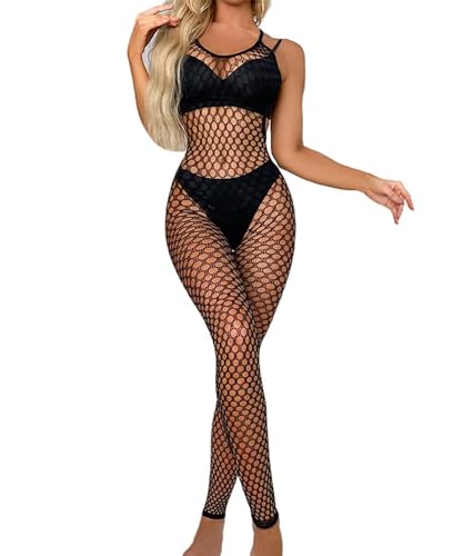 Buitifo Womens Fishnet Bodystocking Plus Size Bodysuit Sexy Tights Soft Nightwear Lingerie (Black TDD One size)
