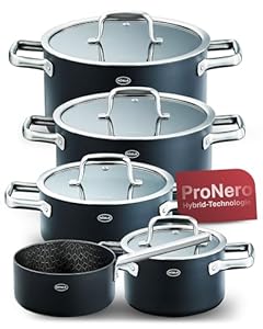 RÖSLE EBONIC Topfset Induktion 5 teilig – Kochtopf Set Edelstahl mit Deckel – Töpfe Set für Induktionsherd – ProNero Keramik Antihaftbeschichtung mit Edelstahl-Wabenstruktur – für alle Herdarten