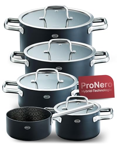 RÖSLE EBONIC Topfset Induktion 5 teilig Kochtopf Set Edelstahl mit Deckel Töpfe Set für Induktionsherd ProNero Keramik Antihaftbeschichtung mit Edelstahl-Wabenstruktur für alle Herdarten