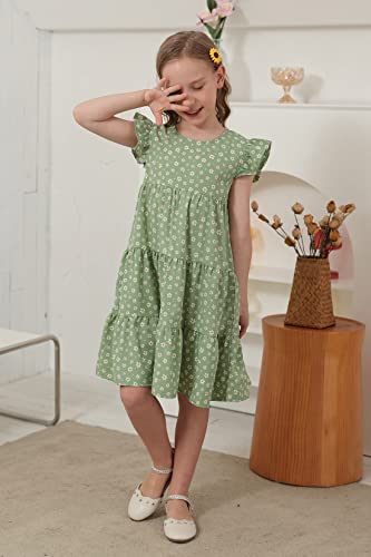 Gorlya Girls Floral Print Ruffle Sleeve Tiered Loose Fit Pleated Swing Midi Dress 4-14T (Gor1113,Greenflower,14Y) #TOP3