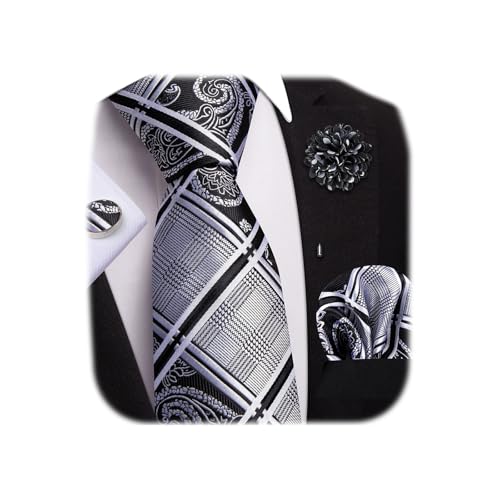 Image of Dubulle Mens Tie and Lapel Pin Paisley Striped Floral Necktie for Men Pocket Square Cufflinks 4PCS Set Wedding Party