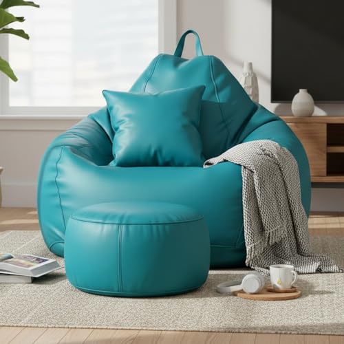 Image of KAM'S LIEU Leatherette Bean Bag Chair with Footrest | Filled with EPS Beans | Comfortable Sofa for Living Room & Bedroom | 4XL Size, Easy to Clean Color- (Aqua)