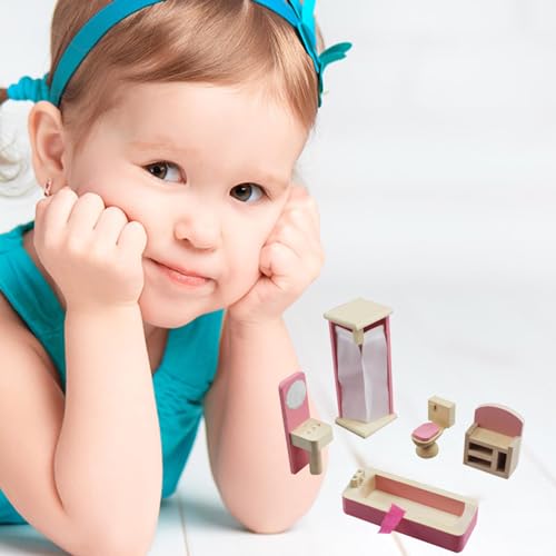Wooden Doll House Furniture Doll House Building Blocks Mini Dollhouse for Kids Childs Gifts Family Doll House (Bathroom) - Image 4