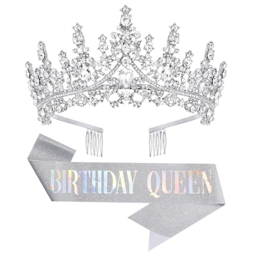 Papoopy Birthday Tiara Crown with Sash for Women Headband Hair Accessories for Wedding Party Costume Silver