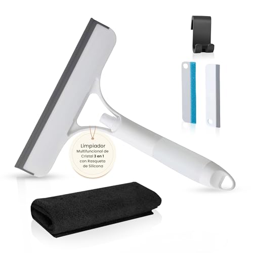 NOVARKA® Kit Premium de Rasqueta Limpiacristales Multifuncional 3 en 1 con Rasqueta de Silicona Extra para Rincones | Limpia Cristales para Mamparas de Ducha y Ventanas Que Incluye Gancho y Bayeta.
