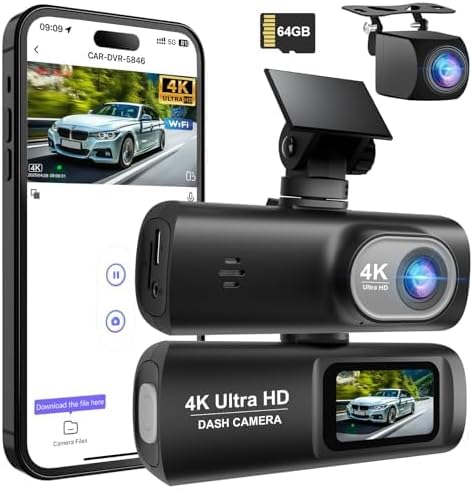 Dashcam Voiture Avant Arriere 4K+1080P, WiFi Dash Cam Camera Embarquée Voiture Enregistreur Jour et Nuit avec Carte SD 64 G, Vision Nocturne, Capteur G, Enregistrement en Boucle, WDR