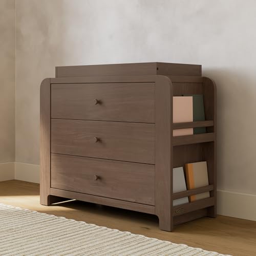 Image of Graco Read-with-Me 3 Drawer Chest with Bookshelves and Removable Changing Topper - GREENGUARD Gold Certified, Nursery & Kids' Bedroom Wood Chest with Spacious Storage (Hazelnut)