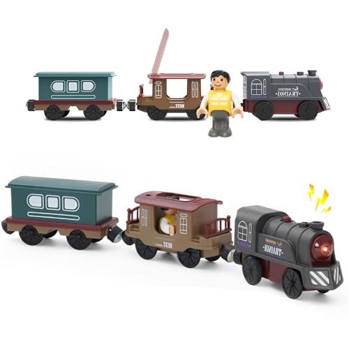 【Retrò Trenino Elettrico per Bambini】Questo Retrò Trenino Elettrico per Bambini è dotato di 3 carrozze in stile retrò e include una bambola passeggero. Le figure possono stare in piedi o sedute e hanno mani e teste flessibili per adattarsi perfettamente al treno. Modelli di auto realistici, colori vivaci ed effetti sonori realistici offrono un'esperienza più coinvolgente
