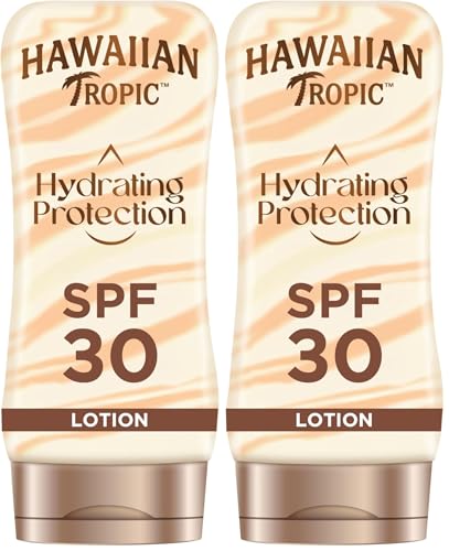 Image of Hawaiian Tropic Hydrating Protection Sunscreen Lotion, Water Resistant SPF 30 UVA Plus UVB Protection Suncream, 12-Hour Moisturising Sun Lotion with Cocoa and Shea Butter, 180 ml (Pack of 2)
