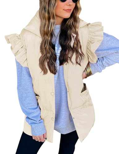 Womens Ruffle Sleeve Puffer Vest Padded Gilet Jacket Sleeveless Quilted Outwear Coat