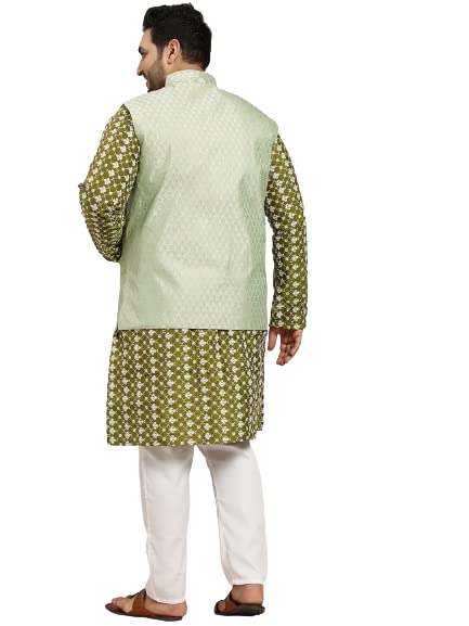 Image of sojanya Men's Silk Blend Regular Fit (Since 1958) Dark Embroidered Kurta & Self Design Nehru Jacket With Churidar Set