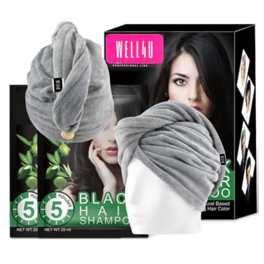 WELL4U – svart hårschampo + användbar MF-hårturban (handduk med knapp), för snabb torkning i uppsättningen – schampo mot grått hår – svart hårschampo för grå täckning