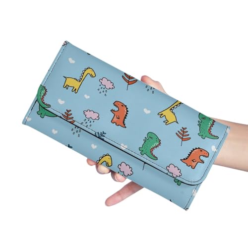 Image of AFPANQZ Cute Cartoon Dinosaur Clutch Wallet for Teen Girls Leather Trifold Multi Card Holder Slots Wallet, Elegant Leather Clutch Long Purse Portable Travel Purses with Phone Card Holder