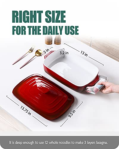 Lareina Large Ceramic Casserole Dish With Lid, 4.0 Quart Covered Rectangular Stoneware Baking Dishes For Oven, Deep 9X13 Inch Lasagna Pans For Baking And Serving, Red #TOP1