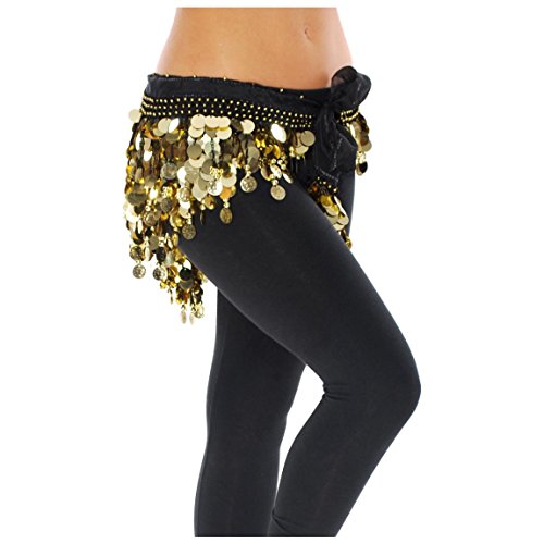 Image of VRITRAZ Women's Chiffon Belly Dance Hip Scarf Waistband Belt Skirt Mixed Colors Beads and Golded Coins 56 Black